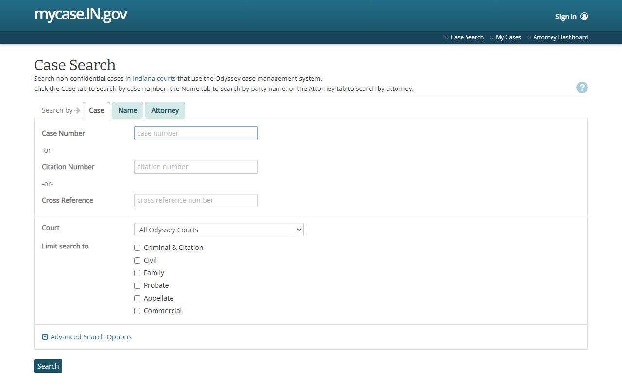 Indiana MyCase public court search portal