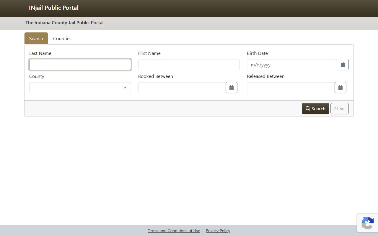 Warren County inmate search fields on the Indiana County Jail Public Portal