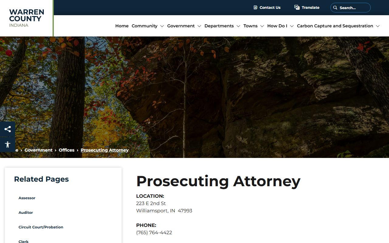 Warren County Prosecuting Attorney page with contact and criminal prosecution duties